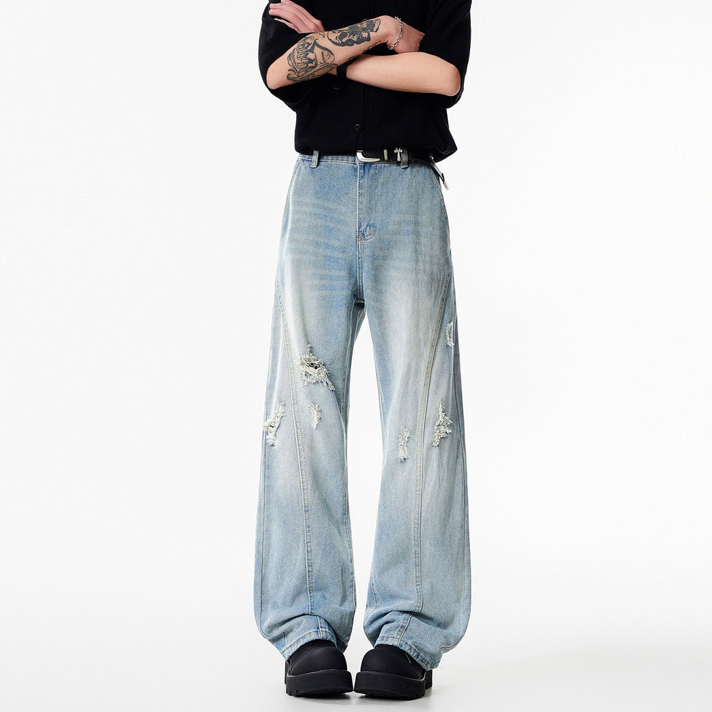 Light Blue Ripped Wide-Leg Jeans for Men
