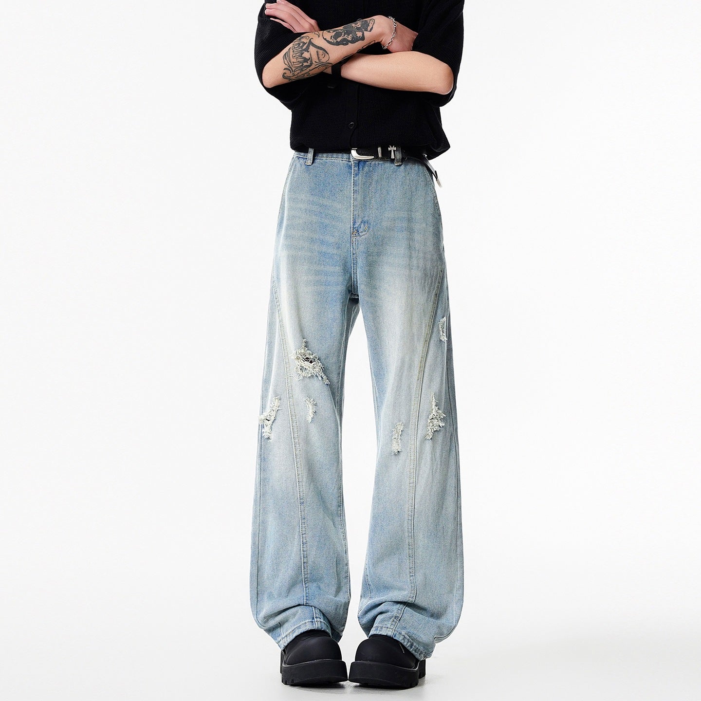 Light Blue Ripped Wide-Leg Jeans for Men