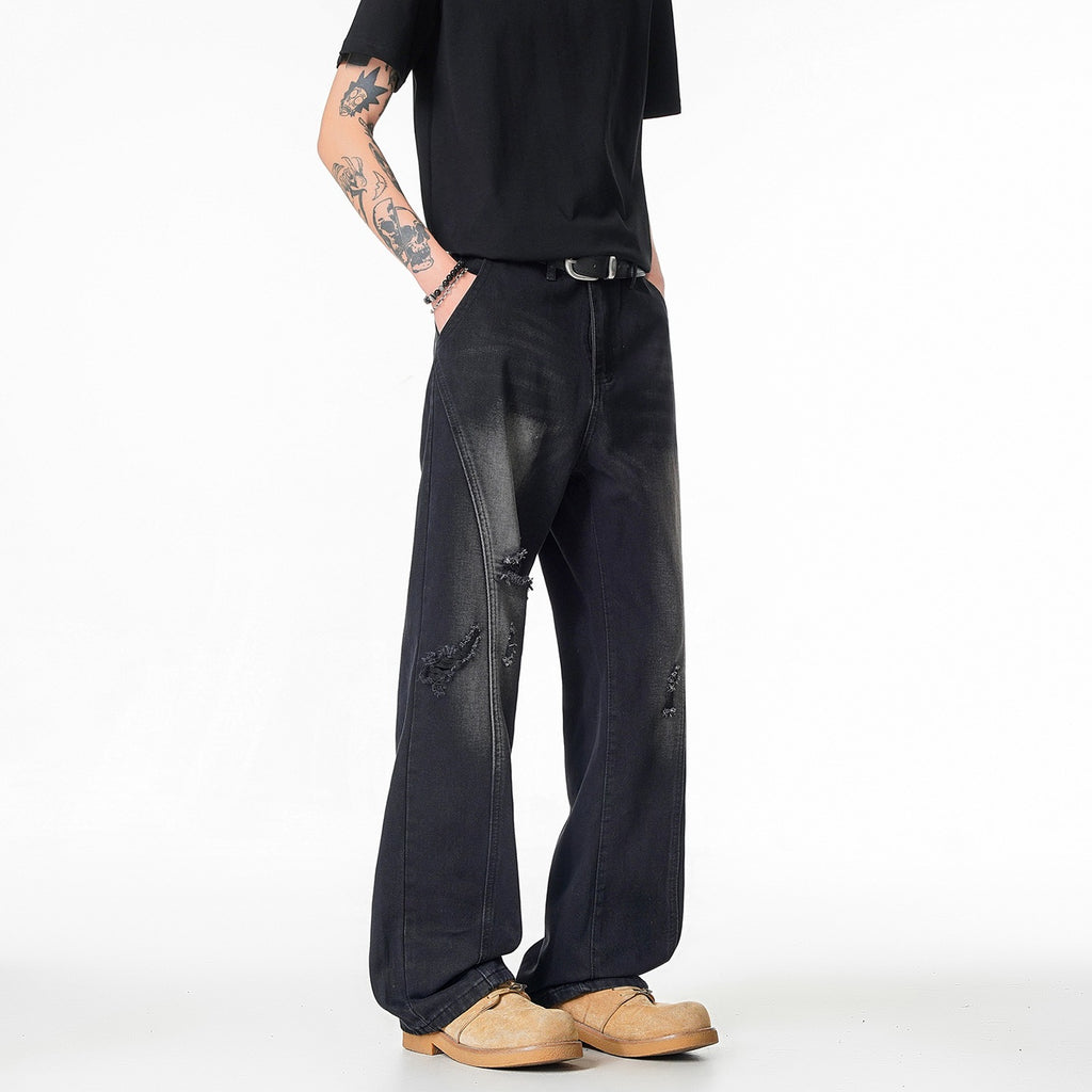 Light Blue Ripped Wide-Leg Jeans for Men