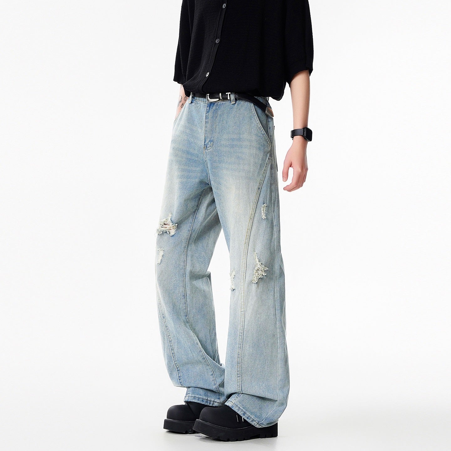 Light Blue Ripped Wide-Leg Jeans for Men