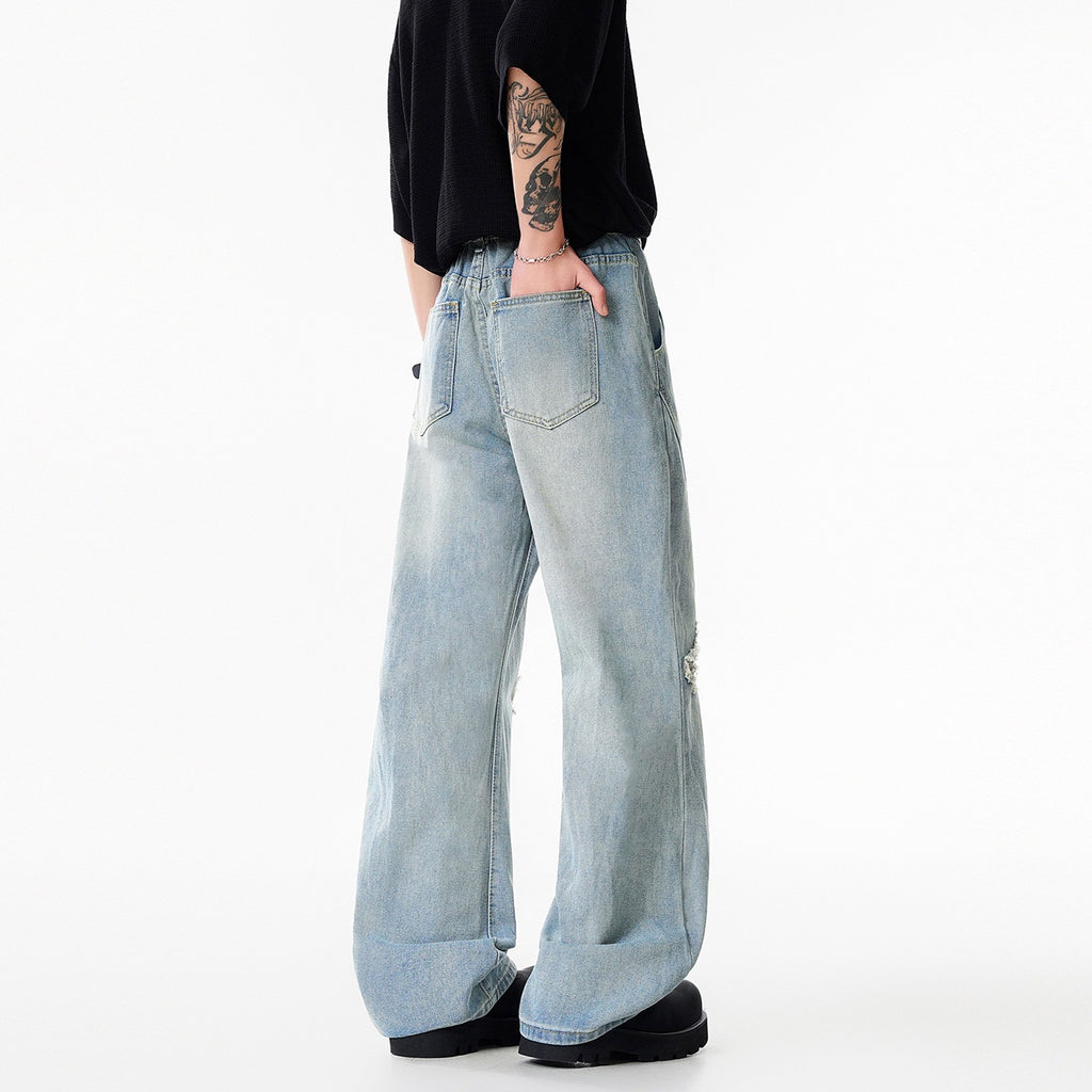 Light Blue Ripped Wide-Leg Jeans for Men
