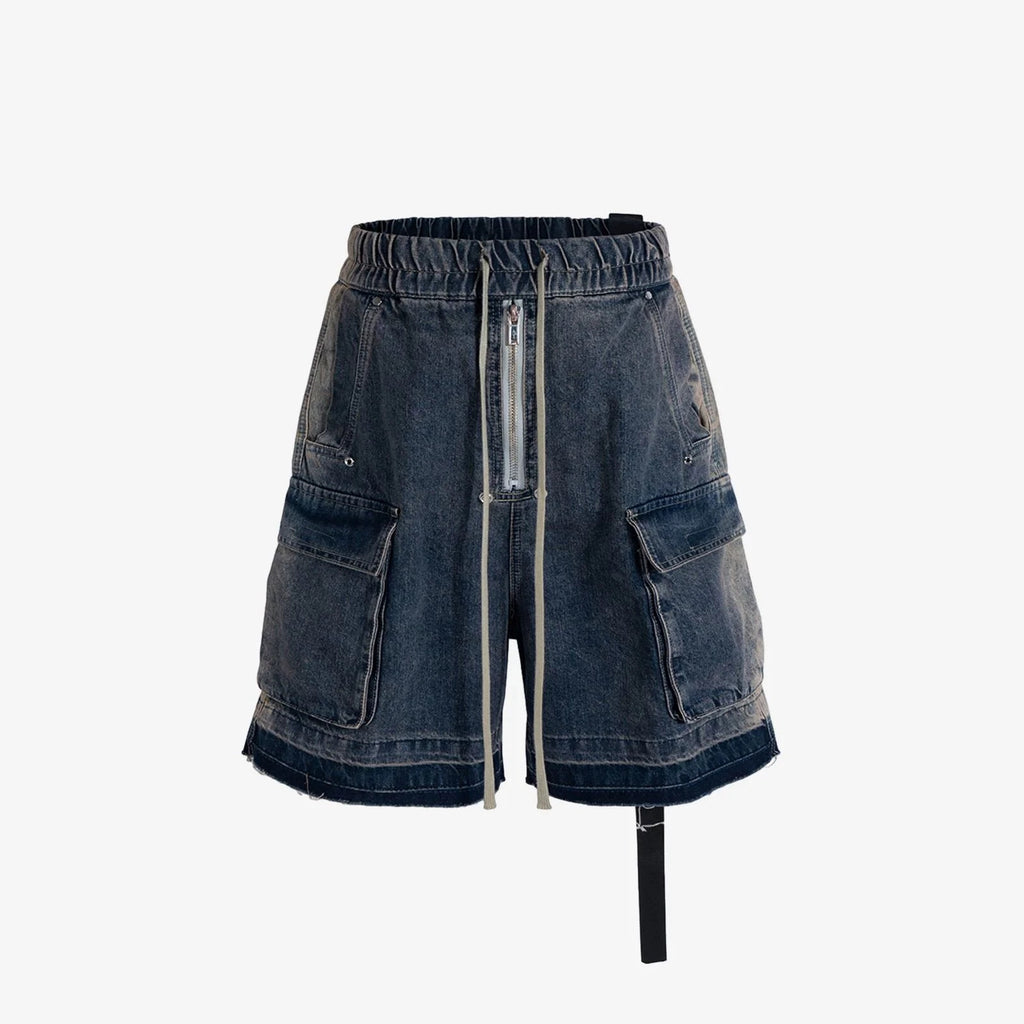 Washed Tie-Up Distressed Frayed Denim Shorts with Belt Loops